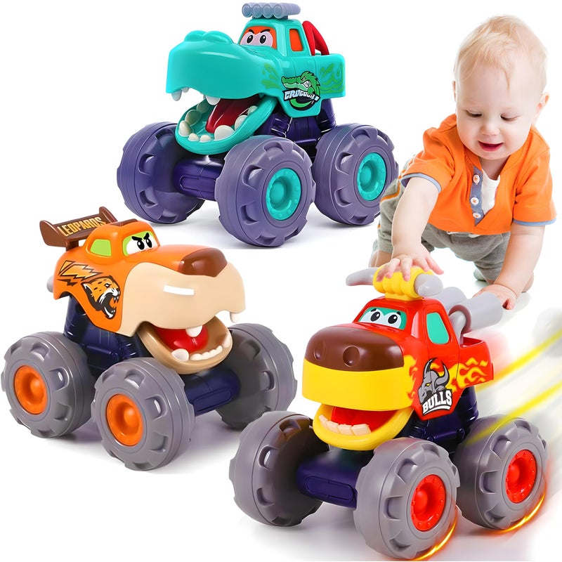 MOONTOY سيارات موونتوي للأطفال من 1-3 سنوات، 3 عبوات من ألعاب الشاحنات الوحشية هدايا للأولاد من 1 2 3 سنوات، سيارة ألعاب حيوانات للأطفال دفع وسحب شاحنة للأطفال من 12-18 شهر 2-4 0-2 1-2 هدية عيد ميلاد الأول 1 - Image 1